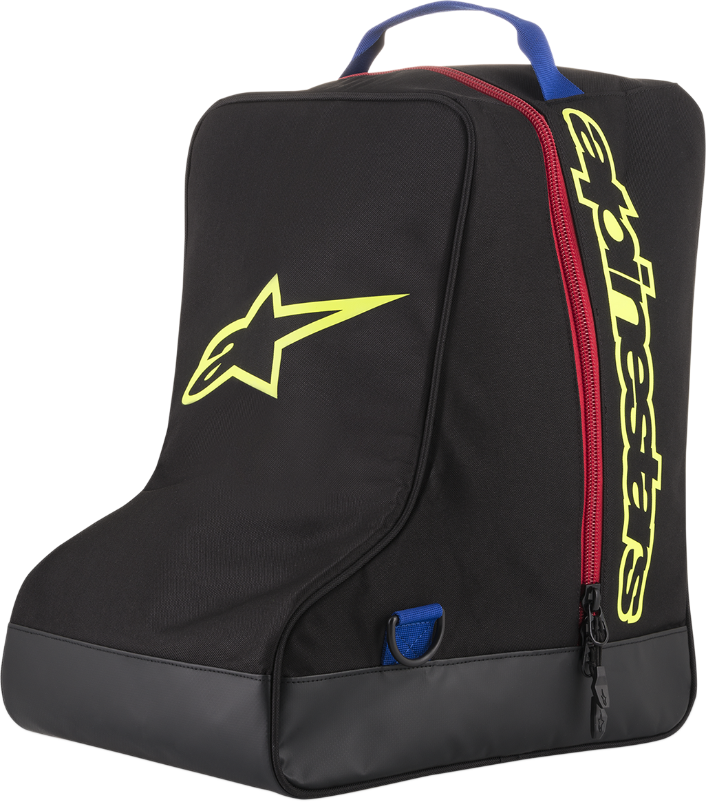 Alpinestars Boot Bag in black and blue, designed for motorcycle boots, featuring durable protective gear storage.