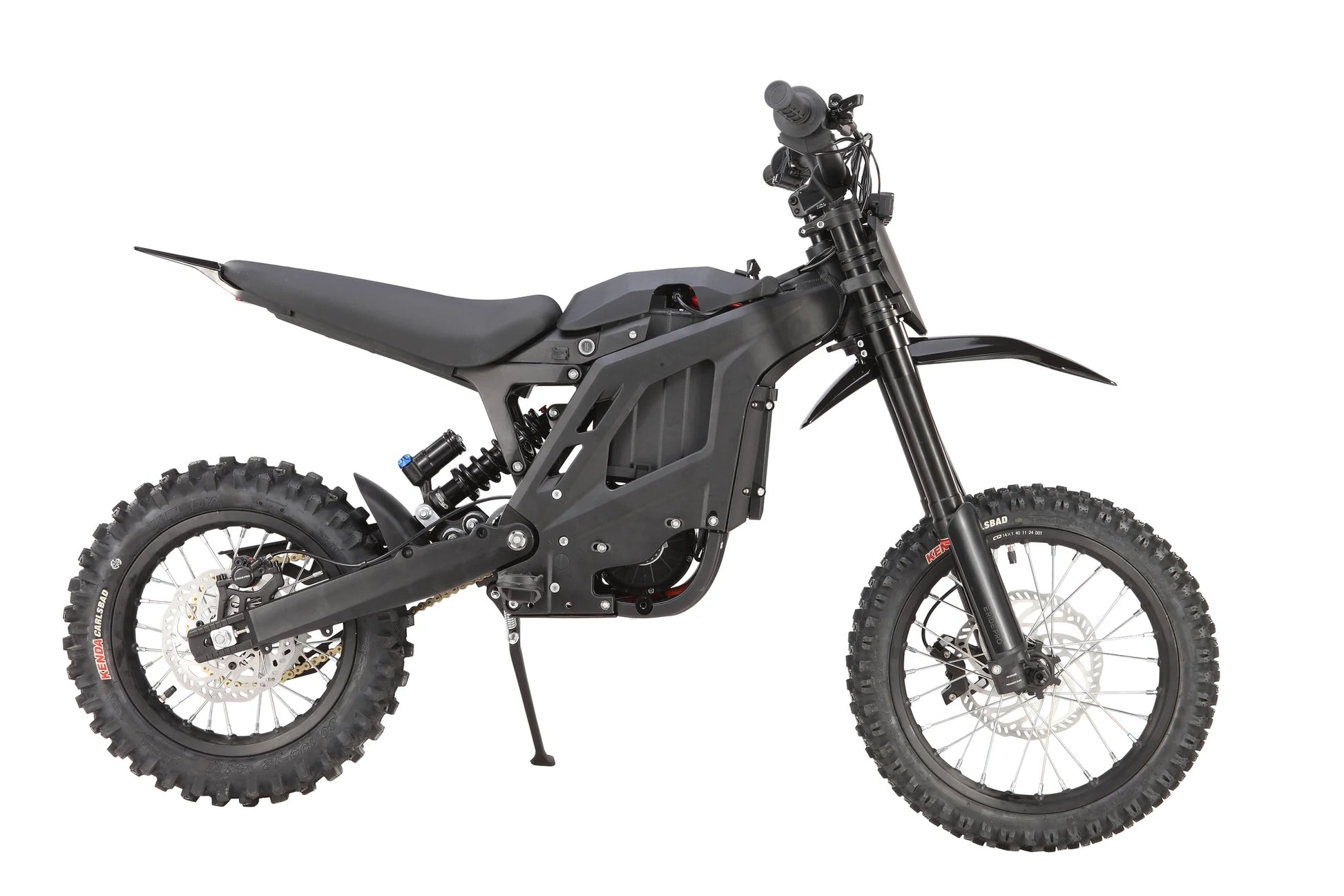 E Ride Pro Mini R electric dirt bike with 8KW peak power, 50MPH speed, 72V battery, black frame, and knobby tires.