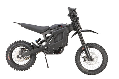 E Ride Pro Mini R electric dirt bike with 8KW peak power, 50MPH speed, 72V battery, black frame, and knobby tires.