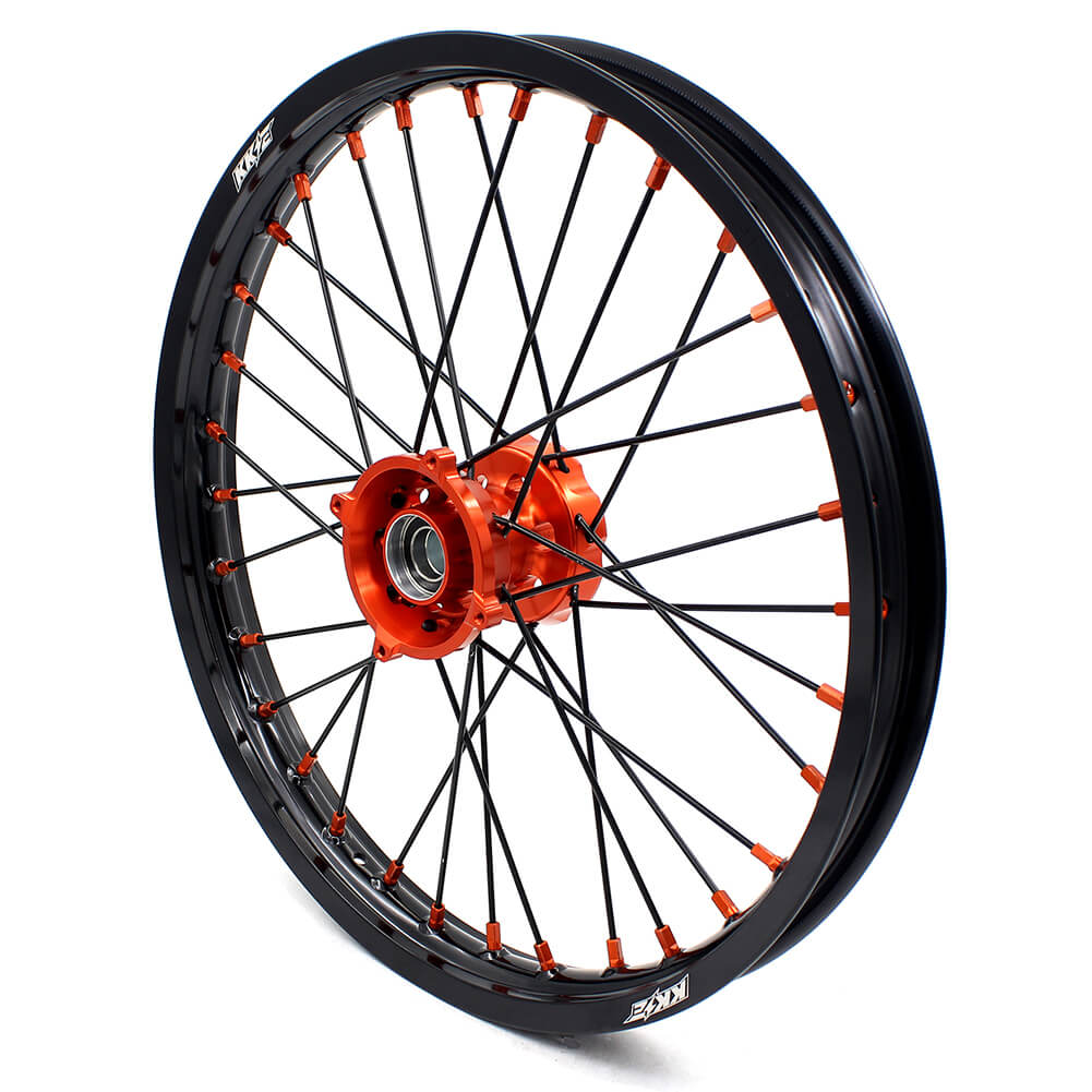 KKE 19"×1.6/16"×1.85 Spoke Kid's Big Wheels Rims Fit KTM SX 85 2003-2020 Orange Nipples & Black Spokes - Howling Moto