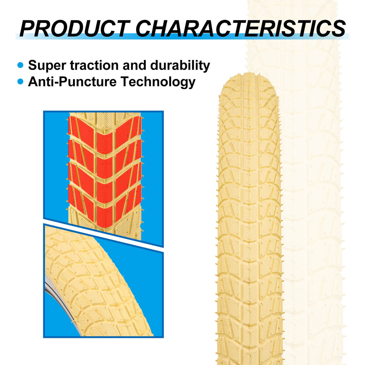 Hycline Colorwonder beige bicycle tires, 16-inch and 20-inch sizes, with tread pattern and sidewall details visible.
