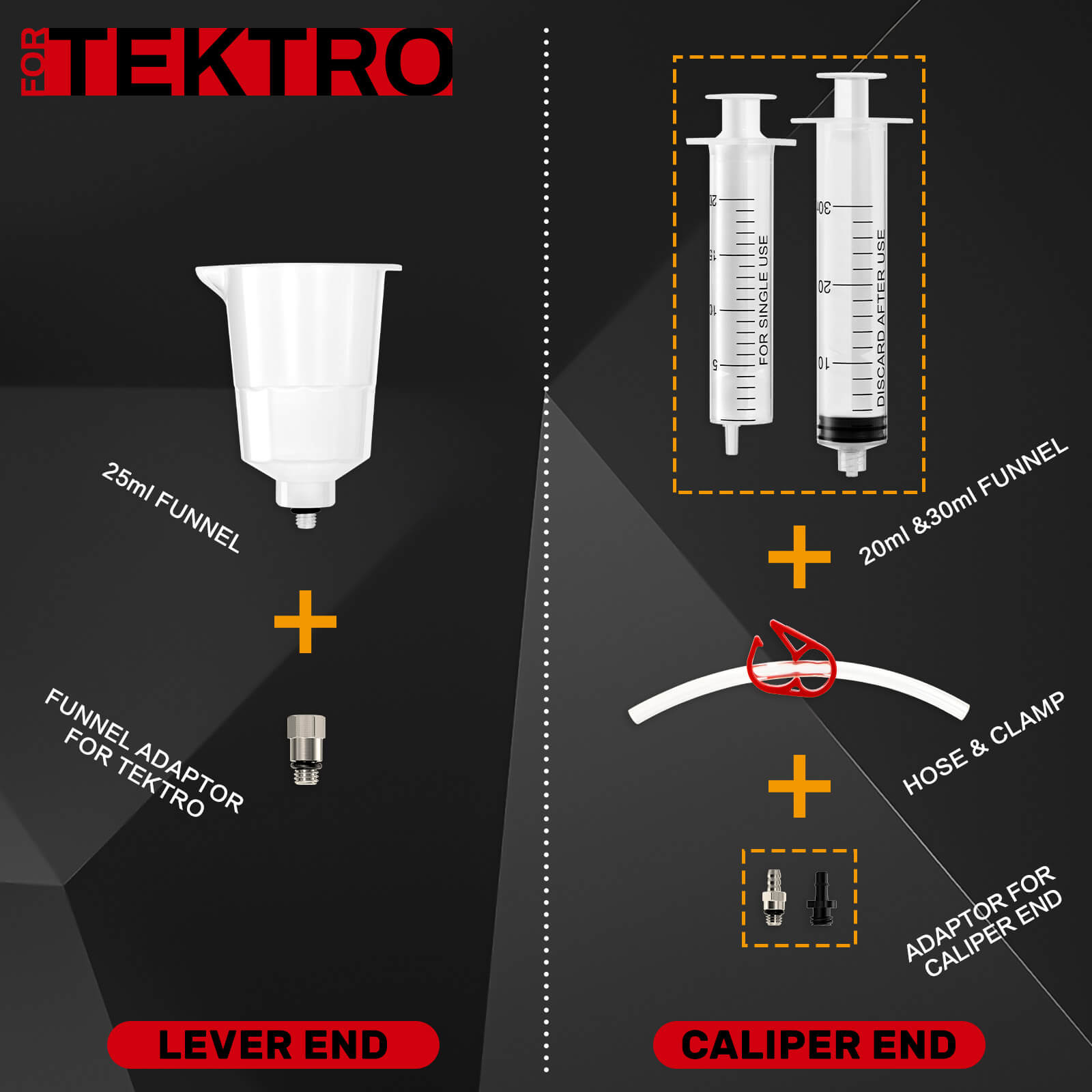 Hycline hydraulic brake mineral oil bleed kit for Shimano, Tektro, TRP bicycle brake systems with tools and mineral oil containers.