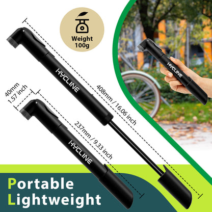 Hycline Mini Hand Pump for bicycles, 120 PSI, compact bicycle pump with ergonomic handle and pressure gauge for easy inflation.