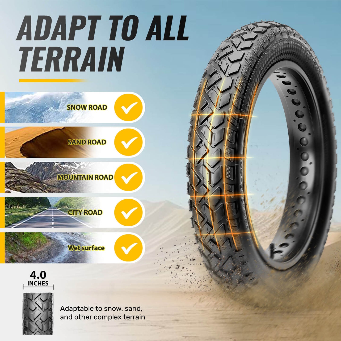 Hycline R4FT E-Bike and Fat Bike Tire with rugged tread pattern for off-road cycling, mounted on bike wheel.