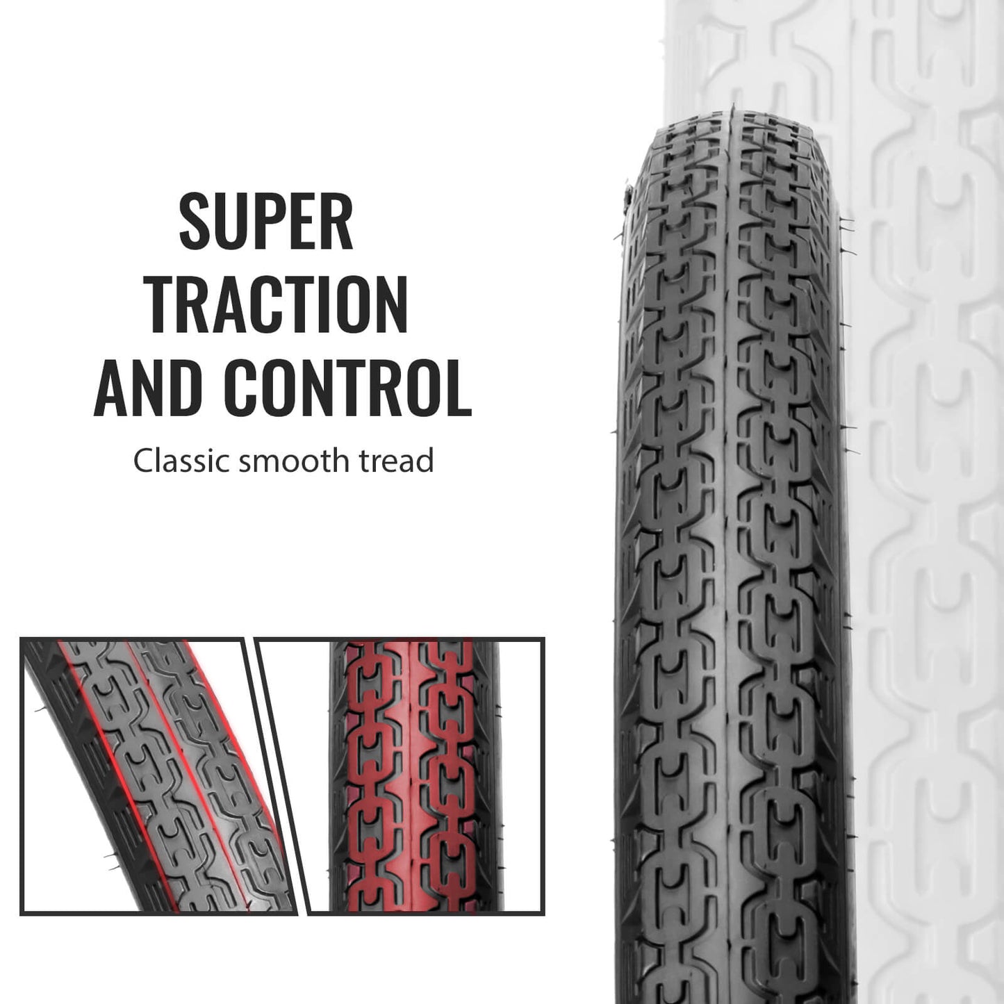 Hycline 26-inch bicycle tire, Chain Cruises model, with a black rubber tread and sidewalls, suitable for city and mountain bikes.