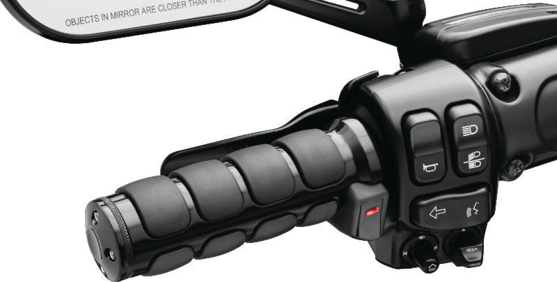 Kuryakyn Heated ISO Grips with dual cables in gloss black, designed for motorcycle handlebars with ergonomic design and heating elements.