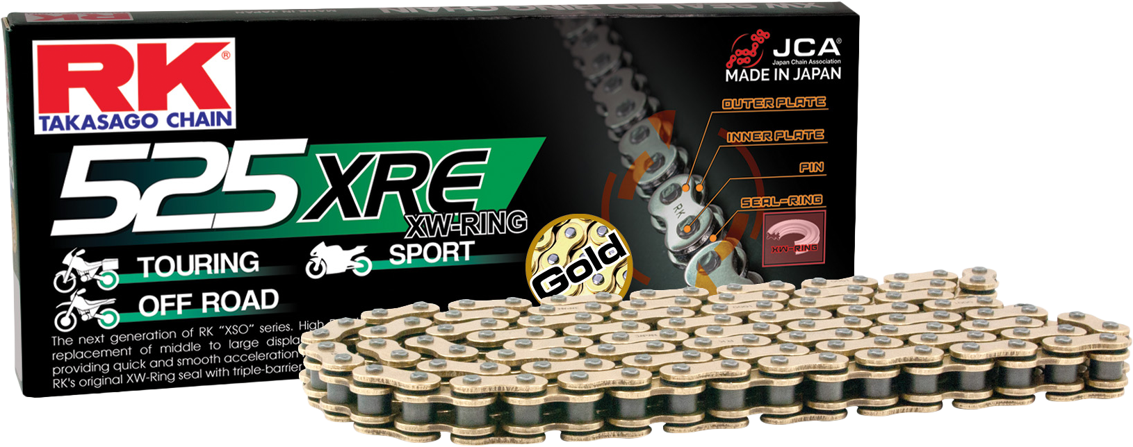 RK EXCEL GB525XRE drive chain for street and off-road vehicles, showing gold-colored 525X135 chain with detailed links.