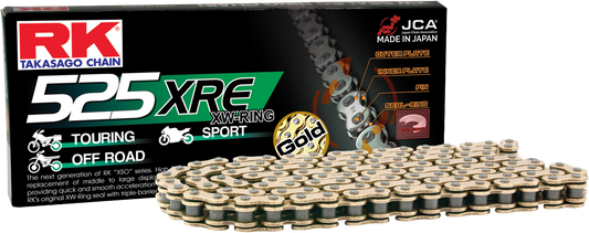 RK EXCEL GB525XRE drive chain for street and off-road vehicles, showing gold-colored 525X135 chain with detailed links.
