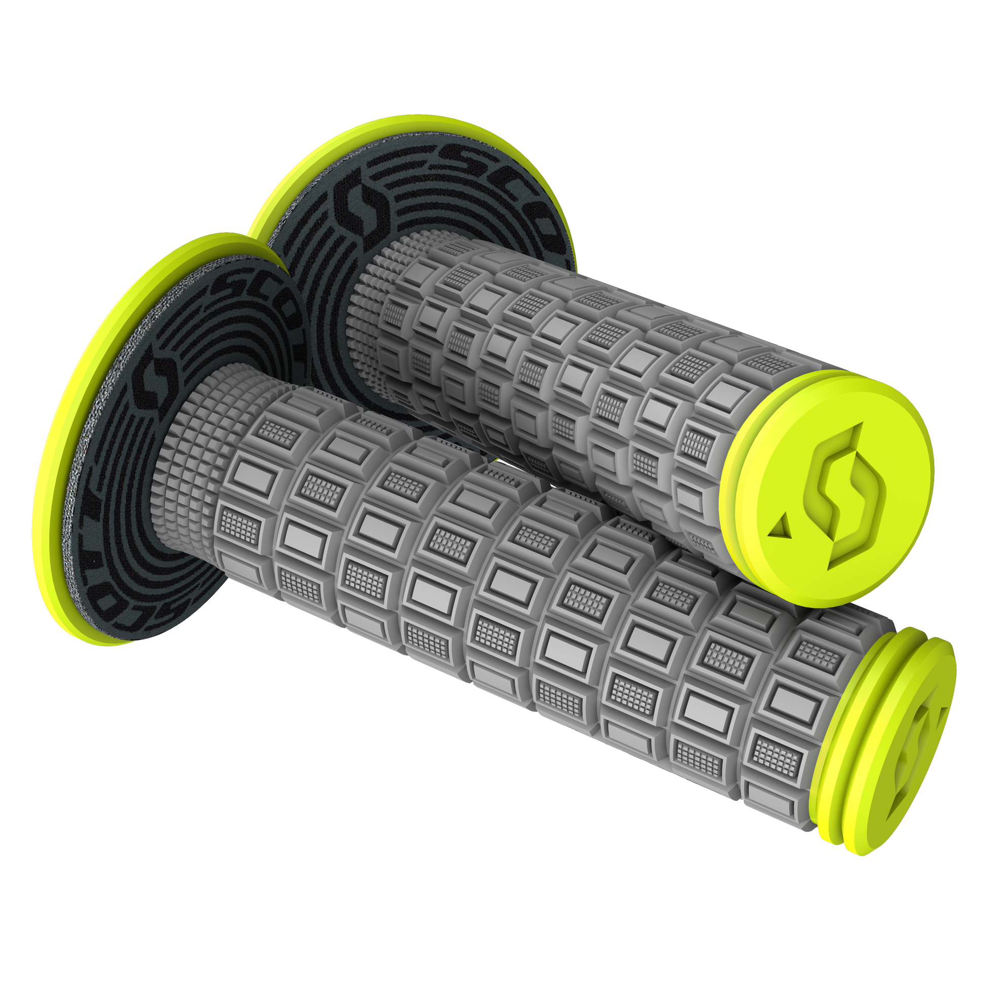 Scott Mellow Gray and Yellow motorcycle grips by Bill's Exhausts, featuring ergonomic design and textured surface for better grip.