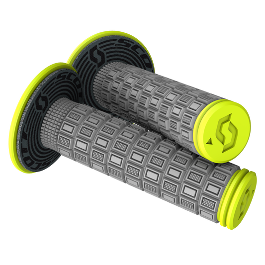 Scott Mellow Gray and Yellow motorcycle grips by Bill's Exhausts, featuring ergonomic design and textured surface for better grip.