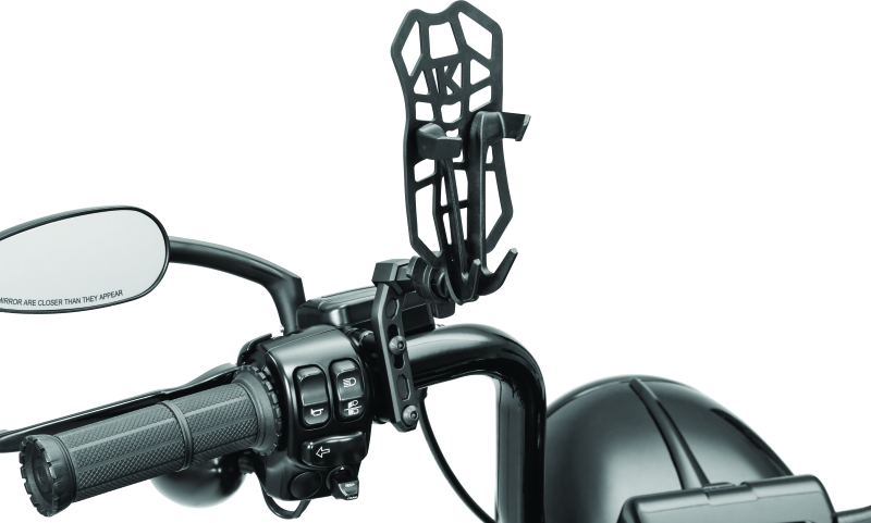 Kuryakyn Free-Flex Device Holder perch mount for powersports vehicles, showing the adjustable mount and secure device holder attachment.