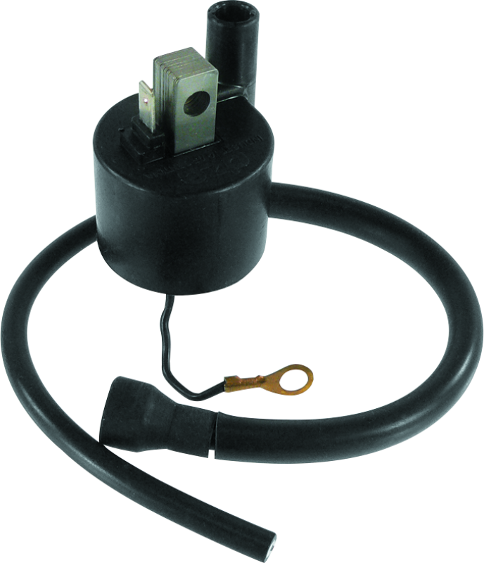 QuadBoss ignition coil for Yamaha YFM350 Raptor and Grizzly 660F, showing the coil with electrical connectors and mounting bracket.