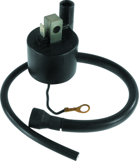 QuadBoss ignition coil for Yamaha YFM350 Raptor and Grizzly 660F, showing the coil with electrical connectors and mounting bracket.