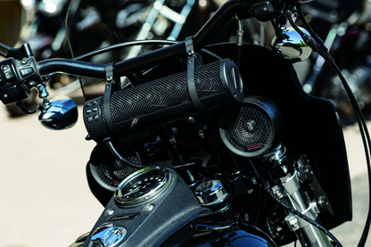 Kuryakyn Road Thunder Plus sound bar with weather-resistant marine speakers and Bluetooth connectivity, designed for motorcycle audio systems.