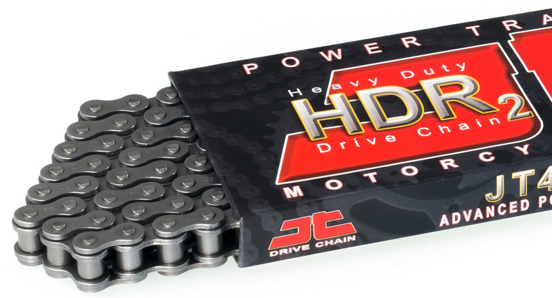 JT Chain HDR Heavy Duty 428 motorcycle chain with 124 links, designed for off-road motorcycles, showcasing durable construction and links.