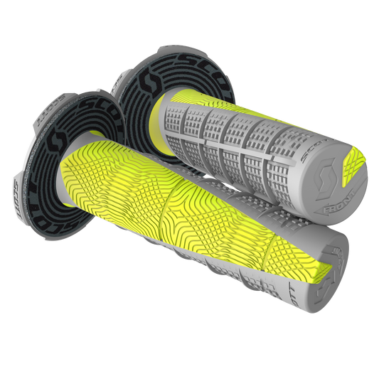 Scott Deuce grips in gray and yellow for motorcycle engines, designed for enhanced grip and control.