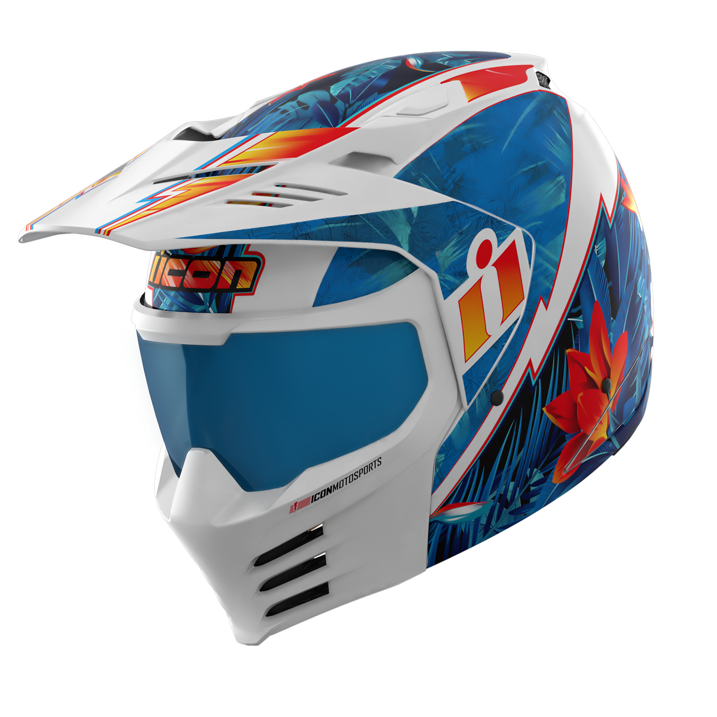 Blue ICON Elsinore™ helmet in large size with Kaonohi design, featuring a sleek, aerodynamic shell and clear visor.