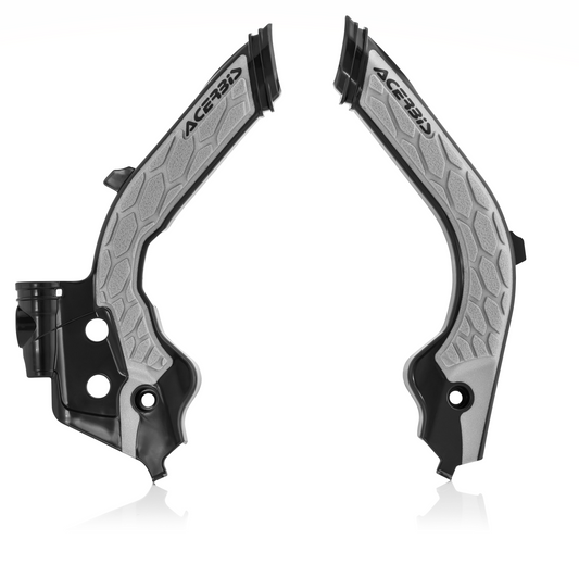Acerbis X-Grip black and gray motorcycle frame guards with body protection design, mounted on a bike frame.