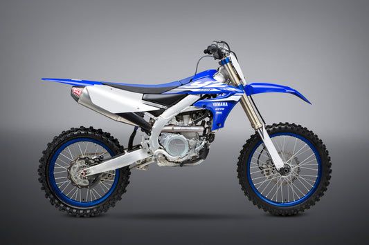 YOSHIMURA RS-4 exhaust system with stainless aluminum and carbon fiber end caps, showcasing the header, canister, and end cap components.