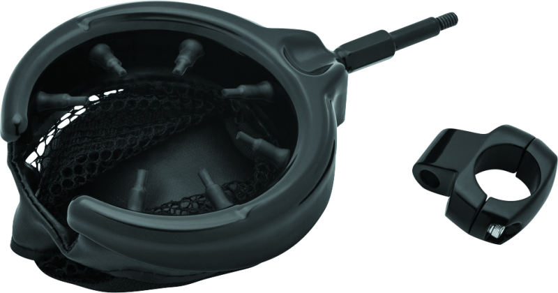 Kuryakyn Drink Holder with mesh basket and 1-inch clamp in gloss black, mounted on motorcycle handlebar.