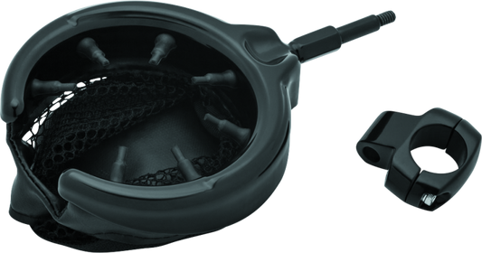 Kuryakyn Drink Holder with mesh basket and 1-inch clamp in gloss black, mounted on motorcycle handlebar.