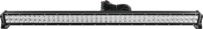 QuadBoss 42-inch double row LED light bar with high-intensity flood and spot beams, mounted on a vehicle for off-road lighting.