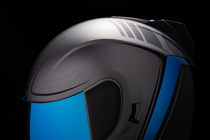 Blue ICON Airform™ Helmet Resurgent XS by Bill's Exhausts, featuring aerodynamic design and clear visor for motorcycle riding.