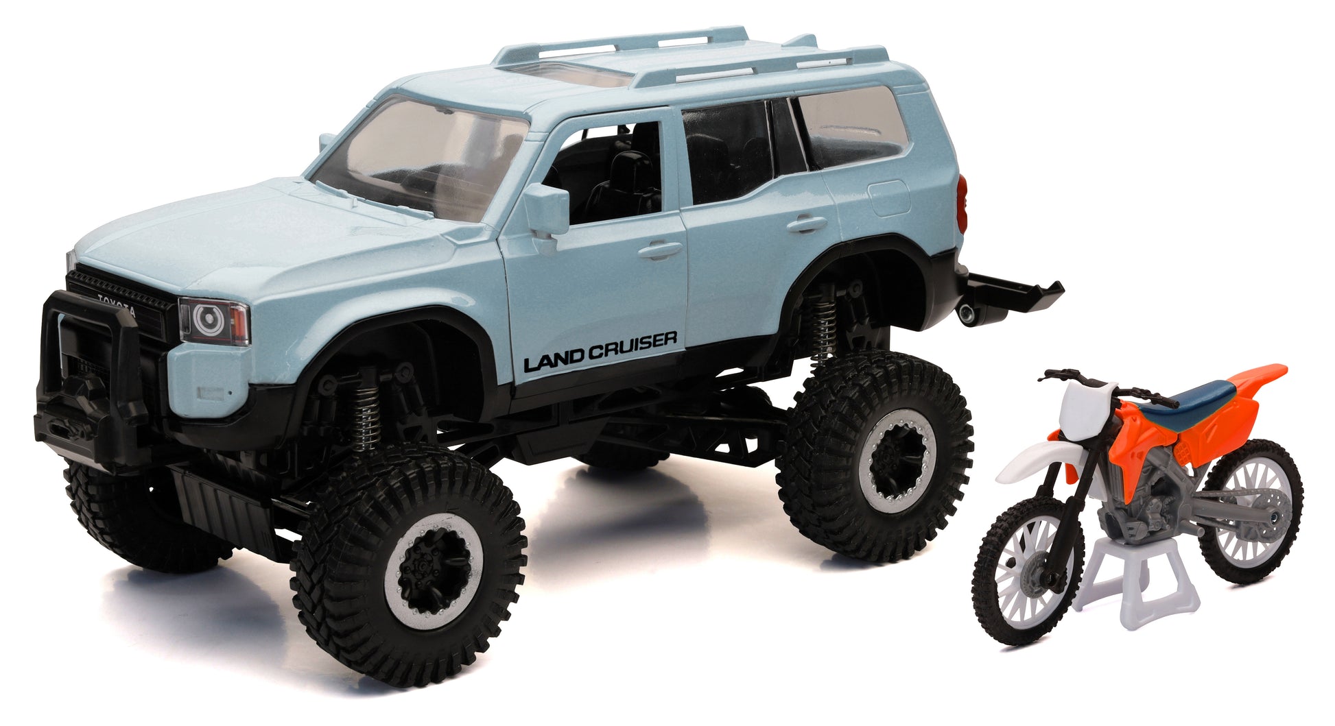 Detailed NEW-RAY 1:18 scale Land Cruiser and orange race bike toy set, showcasing realistic model vehicles for collection and display.