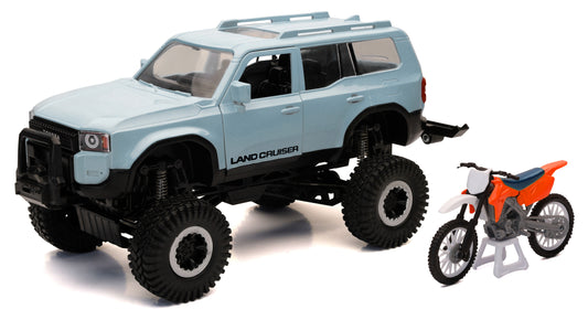 Detailed NEW-RAY 1:18 scale Land Cruiser and orange race bike toy set, showcasing realistic model vehicles for collection and display.