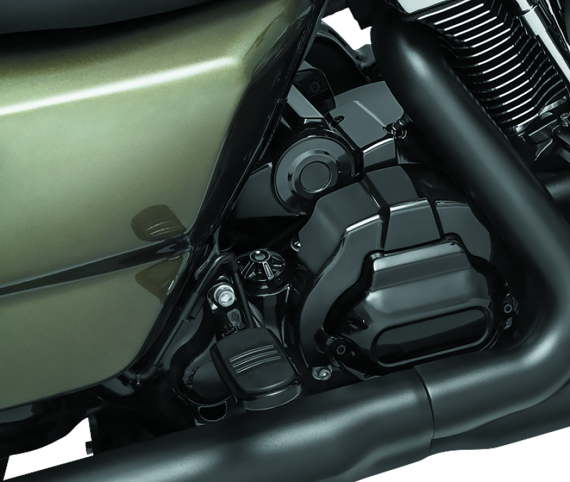 Kuryakyn Precision Dipstick for Harley Davidson with gloss black finish, showing the sleek, branded motorcycle dipstick in close-up.