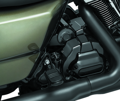 Kuryakyn Precision Dipstick for Harley Davidson with gloss black finish, showing the sleek, branded motorcycle dipstick in close-up.