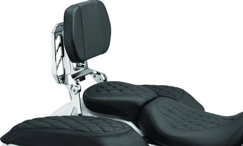 Chrome Kuryakyn Neo Driver & Passenger Backrest with Luggage Rack for motorcycle, featuring padded backrests and sturdy luggage rack.