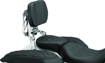 Chrome Kuryakyn Neo Driver & Passenger Backrest with Luggage Rack for motorcycle, featuring padded backrests and sturdy luggage rack.