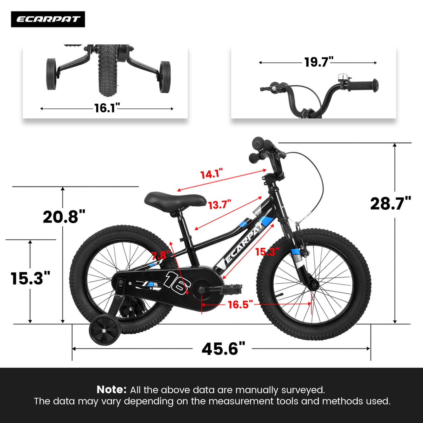 Hycline Ecarpat 16-inch kid's bicycle with training wheels, black frame and colorful handlebar grips for young riders.
