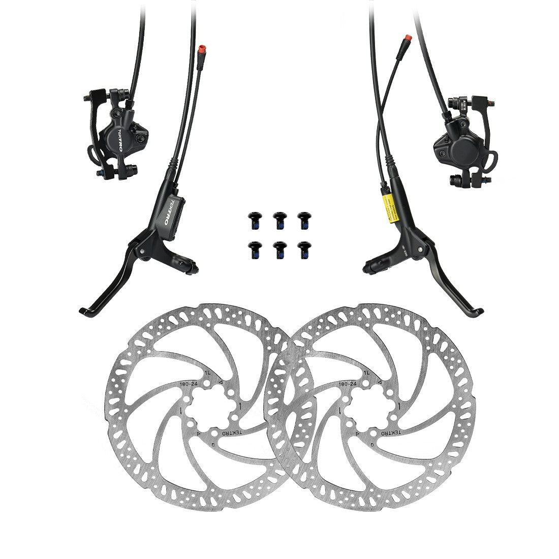Hycline Tektro HD-E350 hydraulic disc brake set for electric bikes with rotors and IS adapter, front and rear brake components.