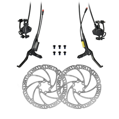 Hycline Tektro HD-E350 hydraulic disc brake set for electric bikes with rotors and IS adapter, front and rear brake components.