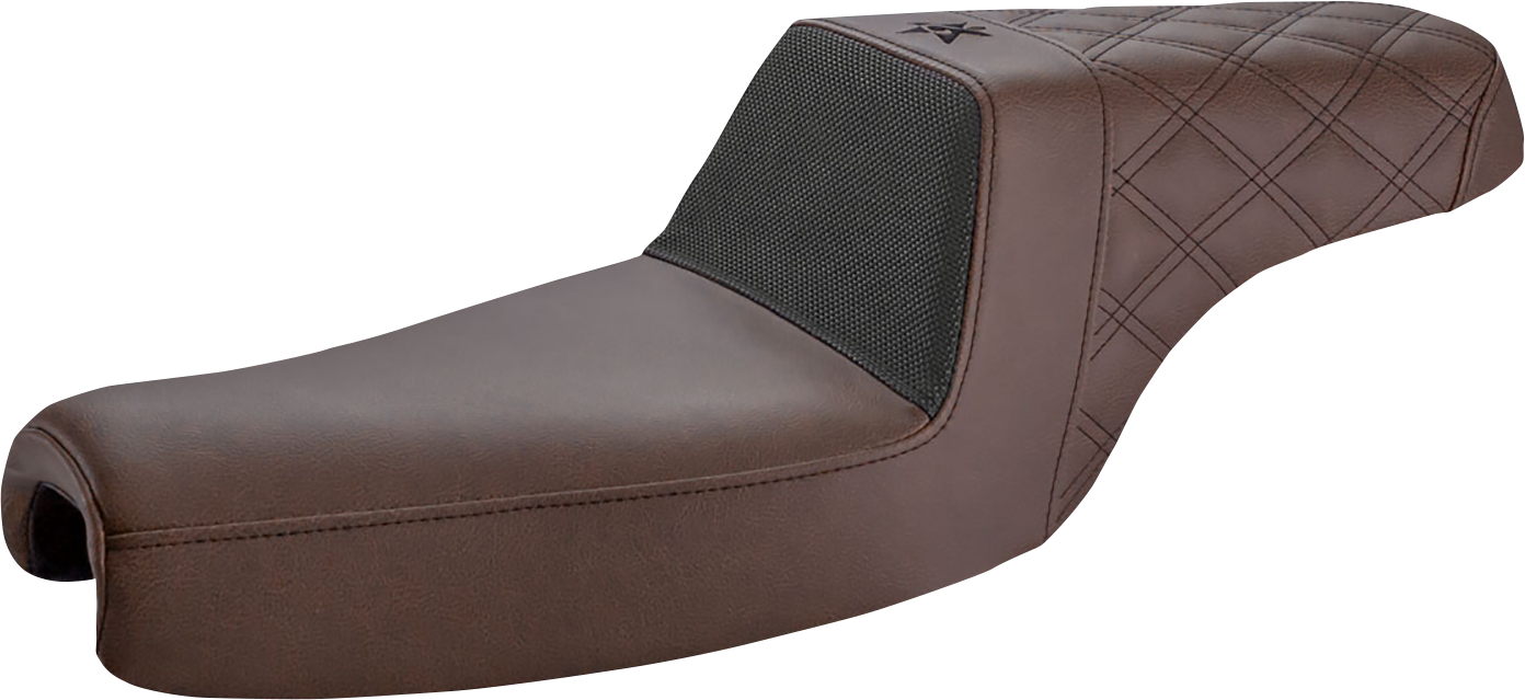 SADDLEMEN Unknown Industries front and rear motorcycle seat with carbon fiber and black gripper lumbar, lattice stitch design, XL size.
