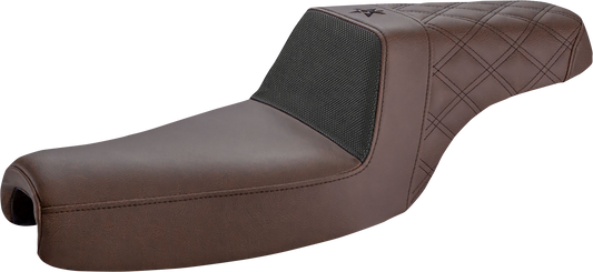 SADDLEMEN Unknown Industries front and rear motorcycle seat with carbon fiber and black gripper lumbar, lattice stitch design, XL size.