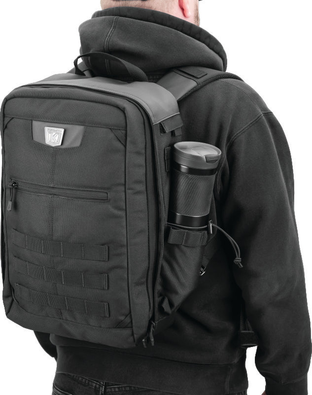 Kuryakyn Momentum Runaway Backpack for powersports and daily commuting, showing its durable design and multiple compartments.