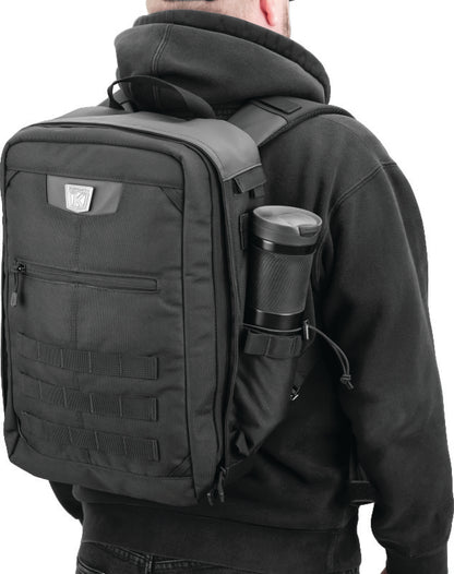 Kuryakyn Momentum Runaway Backpack for powersports and daily commuting, showing its durable design and multiple compartments.