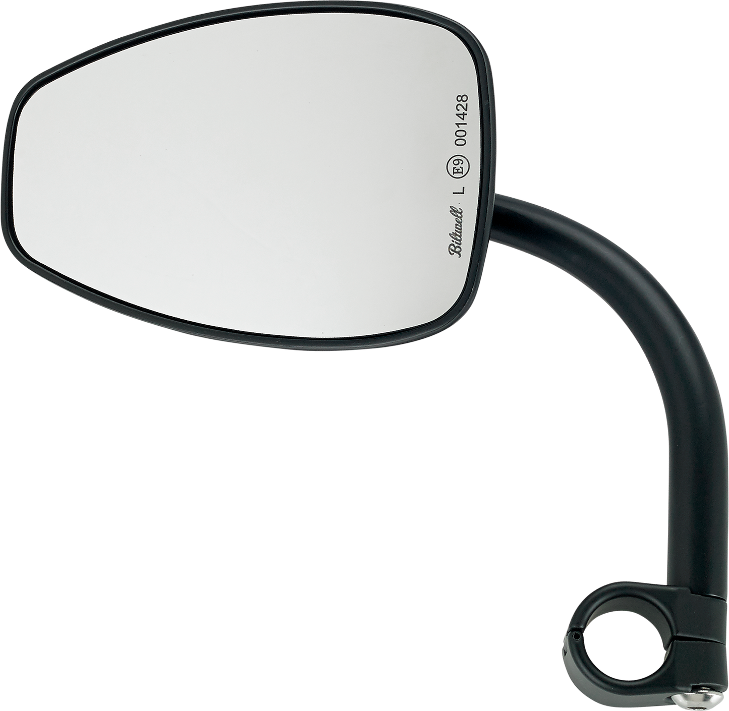 BILTWELL Clamp-On Tear Drop Utility Mirror in black, mounted on a motorcycle handlebar, with a tear-shaped reflective surface