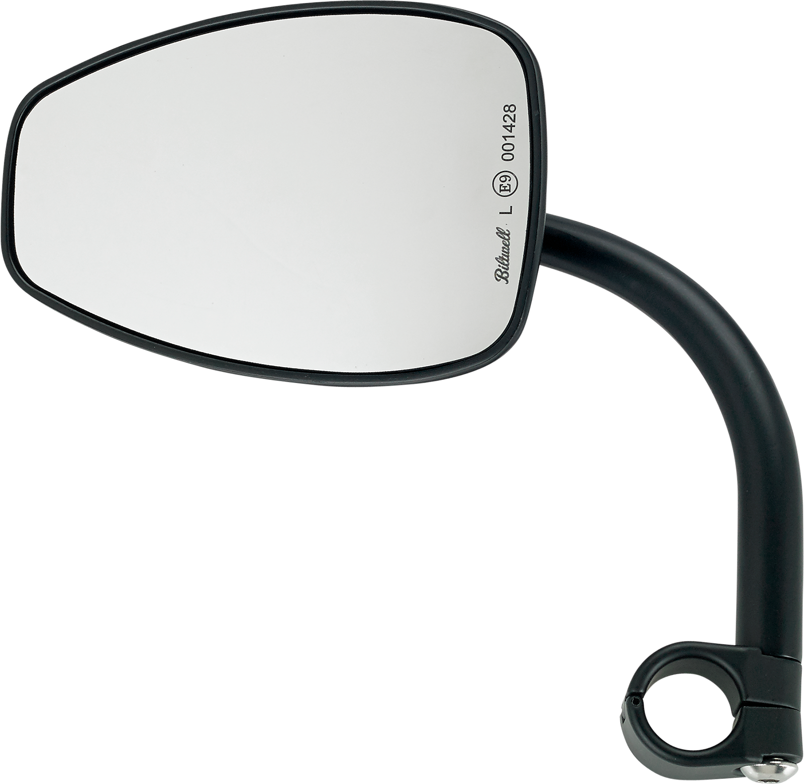BILTWELL Clamp-On Tear Drop Utility Mirror in black, mounted on a motorcycle handlebar, with a tear-shaped reflective surface