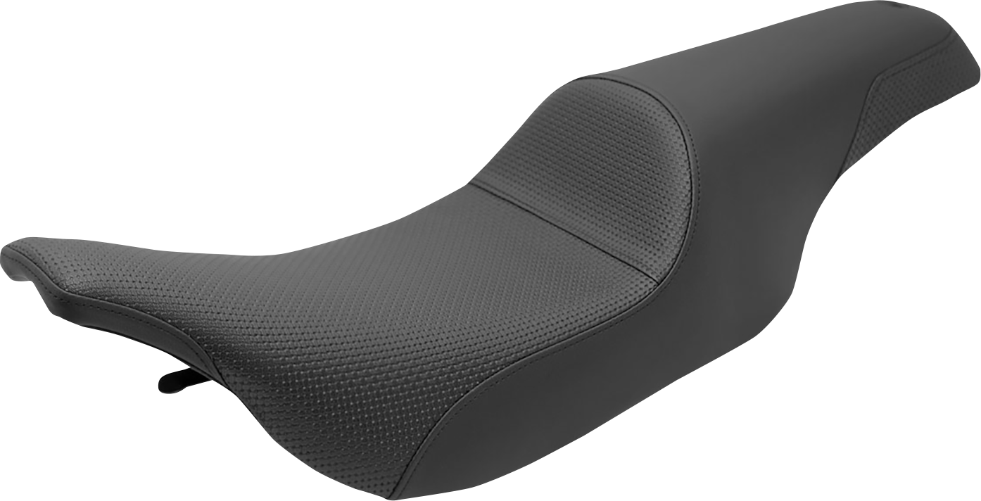 Black SADDLEMEN Profiler Basket-weave Seat for motorcycles, featuring textured leather and ergonomic design.
