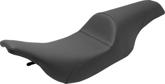 Black SADDLEMEN Profiler Basket-weave Seat for motorcycles, featuring textured leather and ergonomic design.