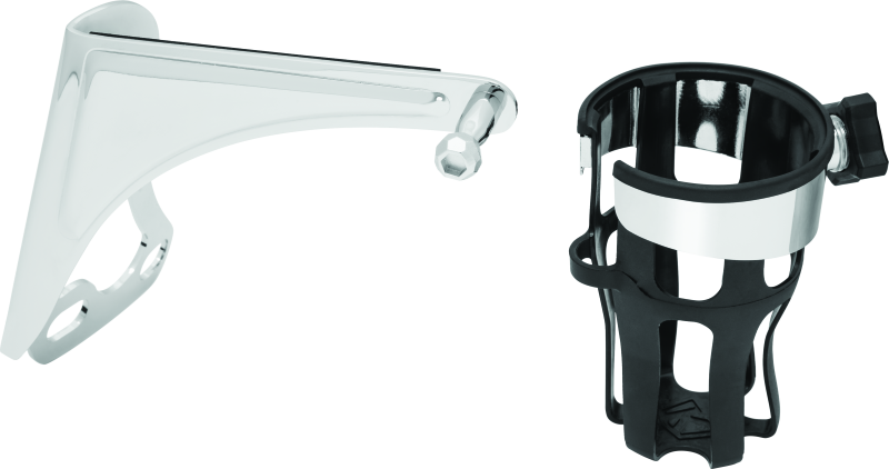 Chrome Kuryakyn Reflex Drink Holder for Harley-Davidson Touring Models, mounted on motorcycle handlebar with reflection details.