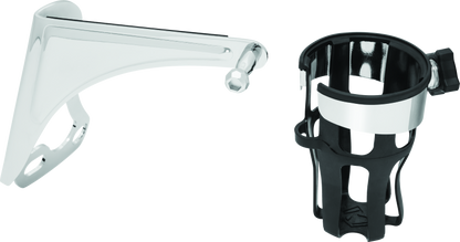 Chrome Kuryakyn Reflex Drink Holder for Harley-Davidson Touring Models, mounted on motorcycle handlebar with reflection details.
