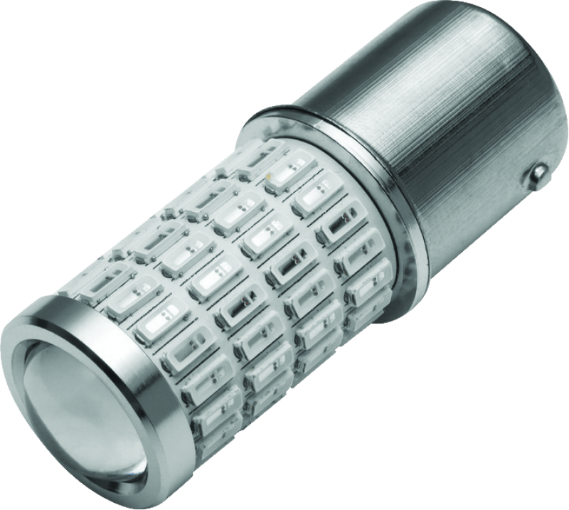 Kuryakyn LED Py21W red bulb for powersports vehicles, showing the bright red LED light and bulb base on a white background.