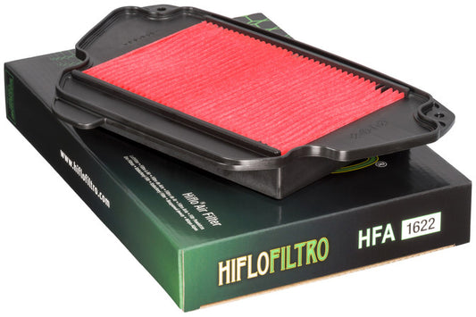Hiflofiltro HFA1622 air filter for high performance engines, showing a clean, fitted automotive air filter in close-up view.