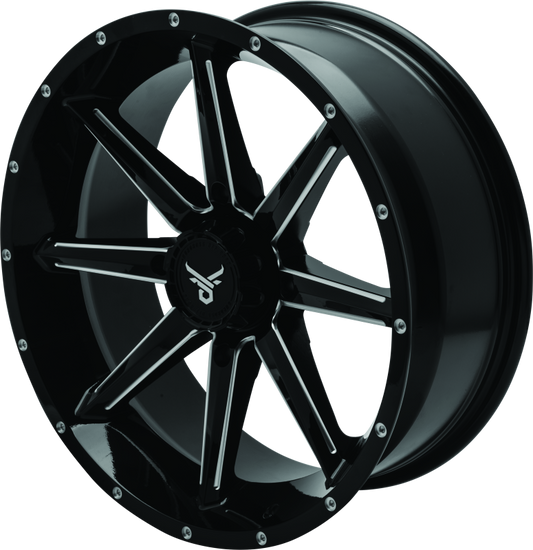 QuadBoss Slicer 18x7 powersports wheel with 4/156 bolt pattern and lifetime warranty, featuring a sleek black finish.