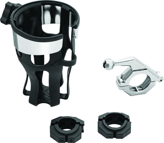 Chrome Kuryakyn Reflex Drink Holder with bar mount for powersports vehicles, designed for secure beverage holding during rides.